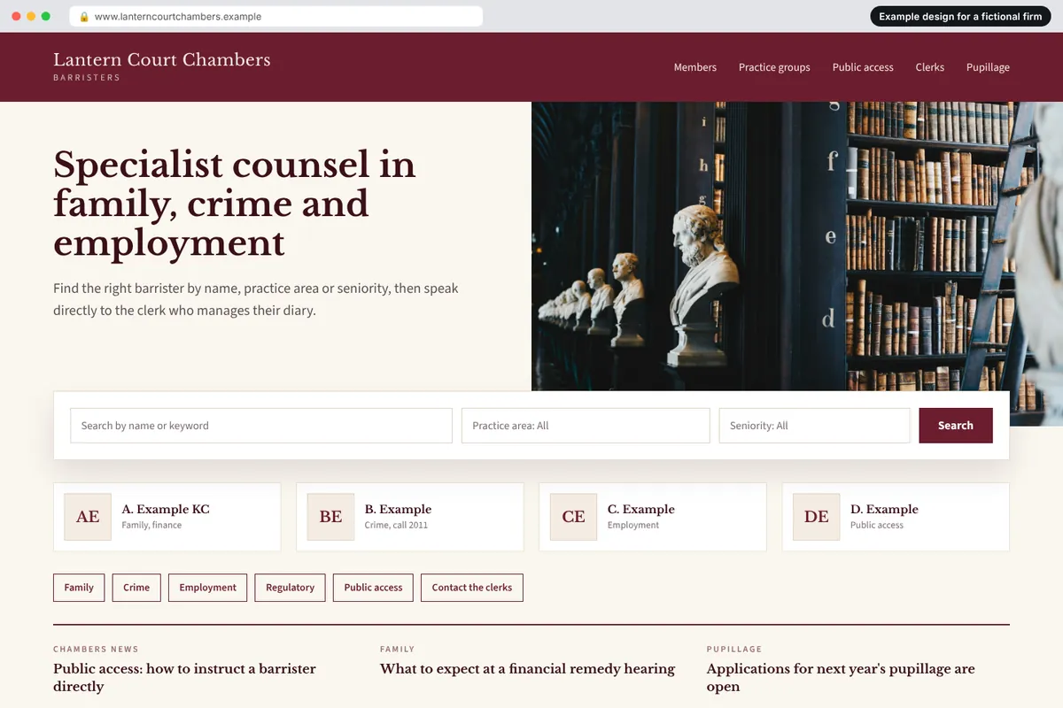 Example homepage design for a fictional barristers' chambers firm called Lantern Court Chambers