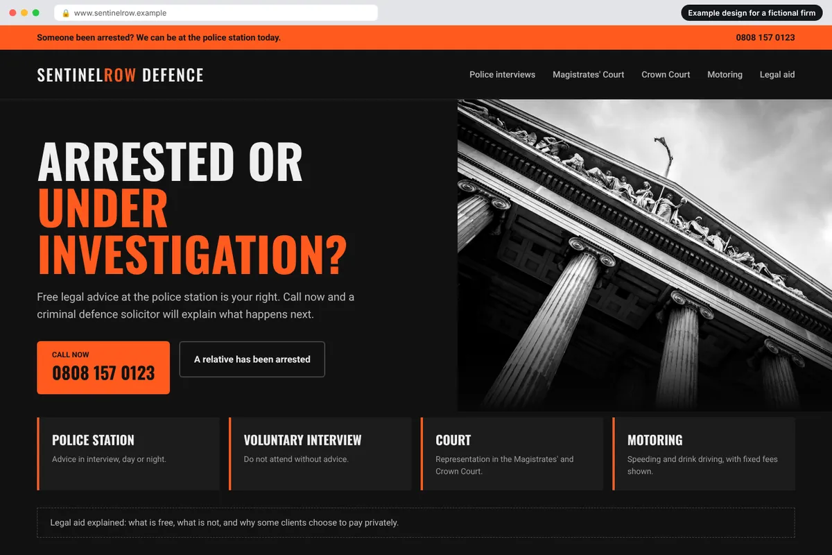 Example homepage design for a fictional criminal defence firm called Sentinel Row Defence
