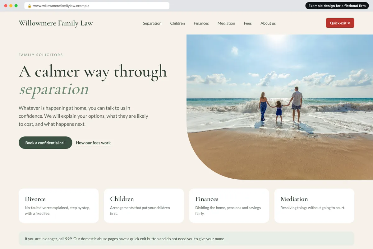 Example homepage design for a fictional family law firm called Willowmere Family Law