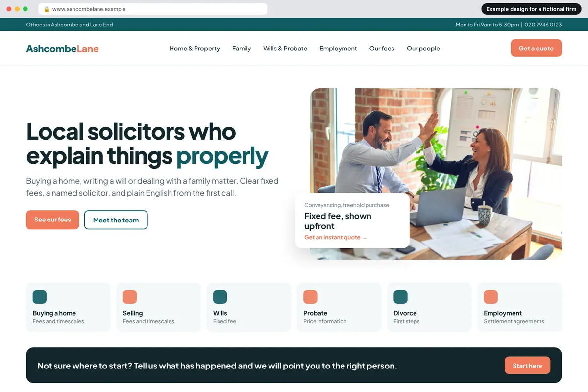 Example homepage design for a fictional high street, multi-practice firm called Ashcombe Lane